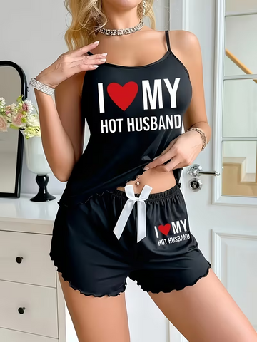 I Love My Hot Husband Print Tank Top & Shorts Set